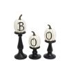 Gerson Set of three resin/stone lettered white pumpkins on candleholders, large is 17.52-in