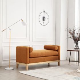 53.5"W Elegant Upholstered Bench, Ottoman with Wood Legs & Bolster Pillows for End of Bed, Bedroom, Living Room, Entryway (Color: Caramel)